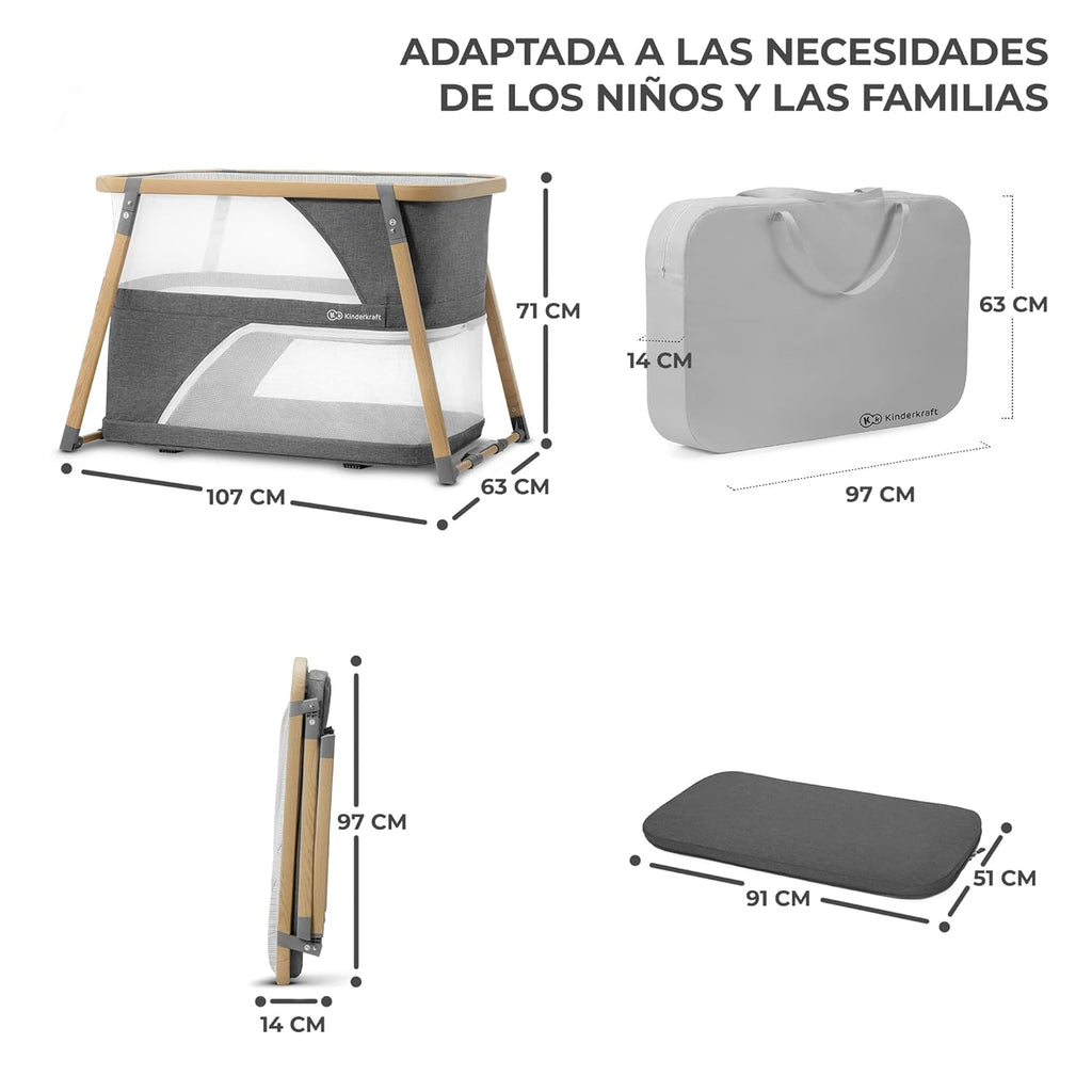 Kinderkraft Culla da Viaggio 4 in 1 SOFI, Culle per Bambini, Lettino, Lettino da Affiancare al Letto, Lettino da Viaggio con Accessori, con Funzione Box, Design Moderno, Dimensioni Ridotte da Piegato, Grigio