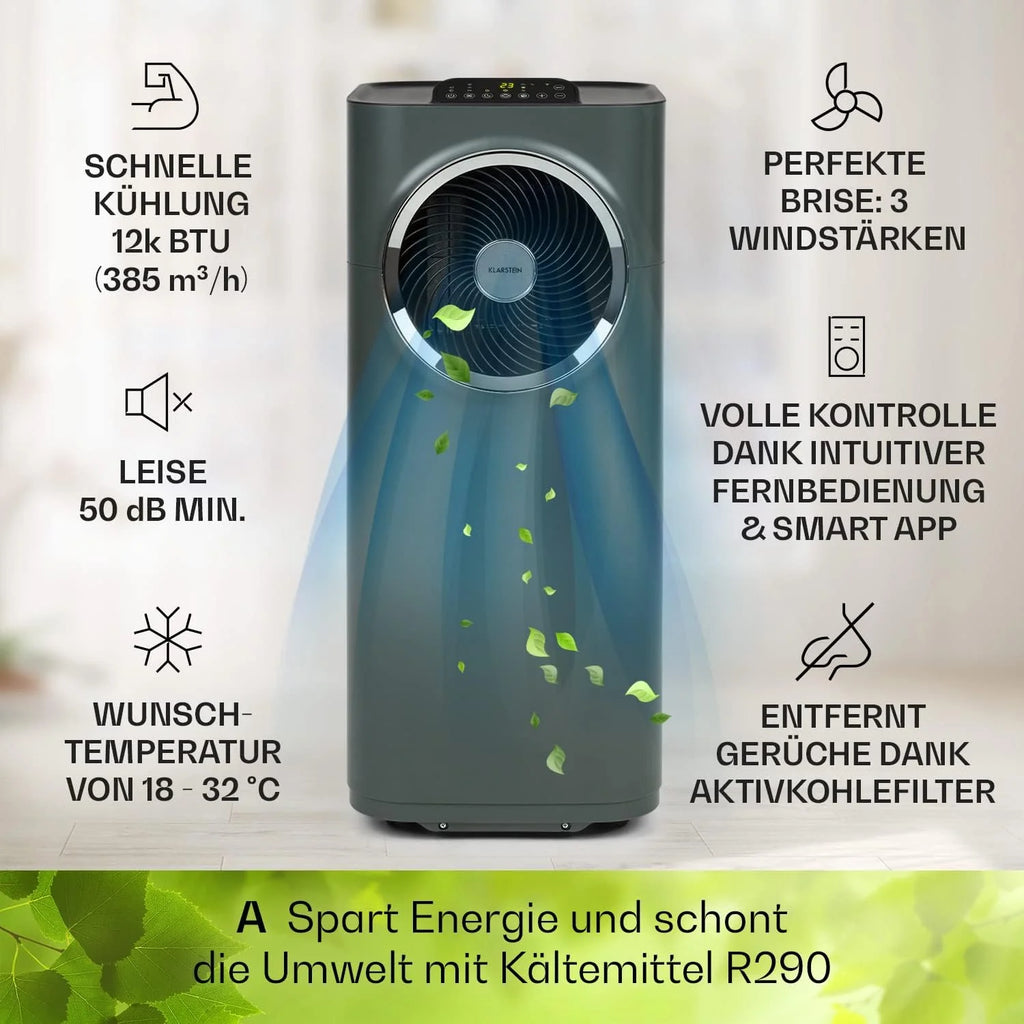 Klarstein Condizionatore Portatile 5-in-1 con Tubo di Scarico, Ventilatore, Deumidificatore, Purificatore d'Aria e Modalità Notturna, Controllo tramite App, Piccolo e Portatile, per Casa e Ufficio, 12000 BTU