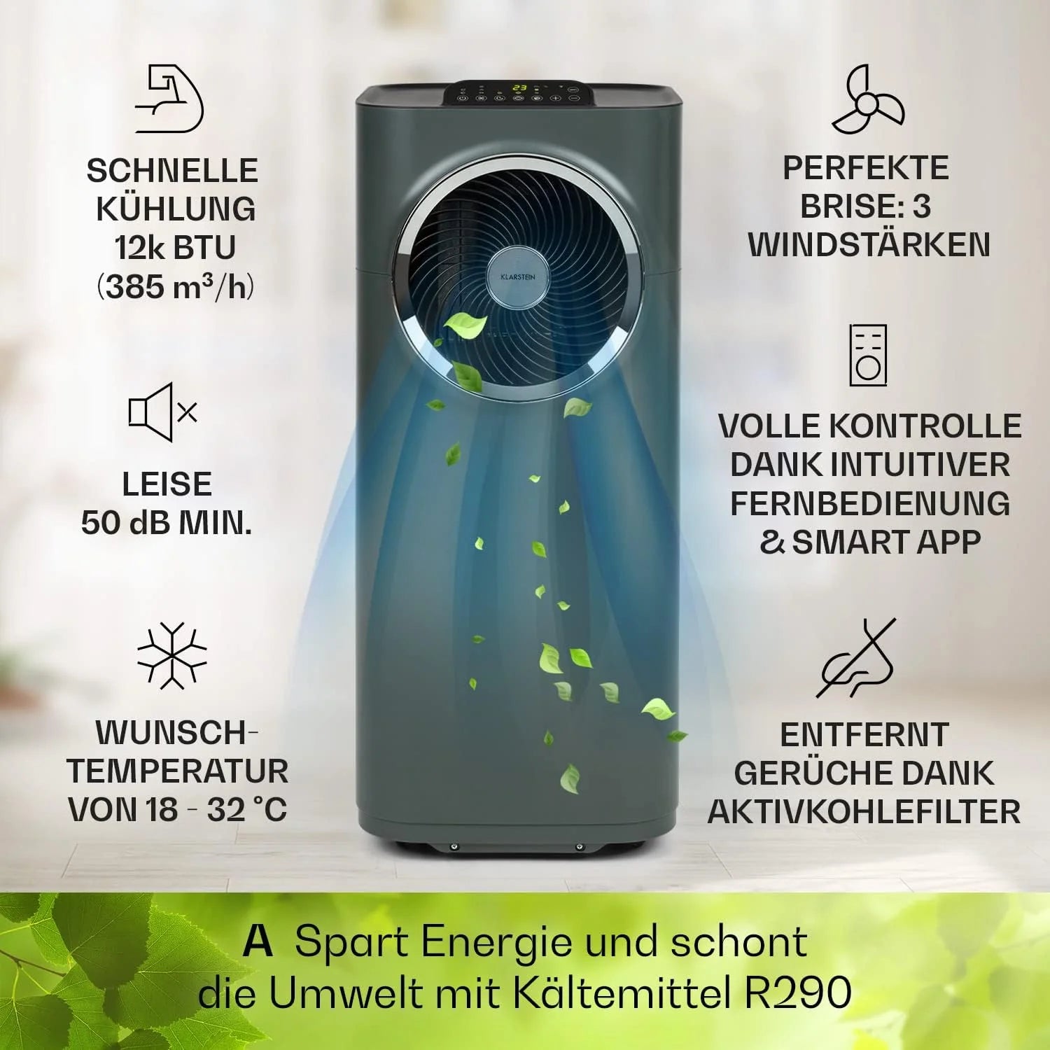 Klarstein Condizionatore Portatile 5-in-1 con Tubo di Scarico, Ventilatore, Deumidificatore, Purificatore d'Aria e Modalità Notturna, Controllo tramite App, Piccolo e Portatile, per Casa e Ufficio, 12000 BTU