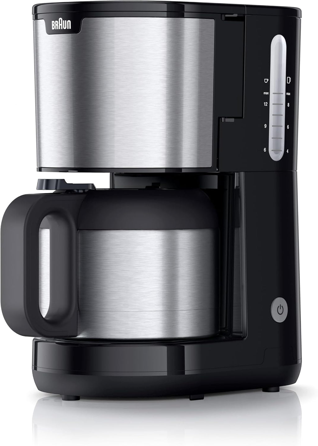 Braun PurShine KF1505 BK Filterkaffeemaschine, 1,2L Edelstahl-Thermokanne für bis zu 9 Tassen, OptiBrew-System, Tropf-Stopp-Funktion, schwenkbarer Filterkorb, Automatische Abschaltung, 1000W, Schwarz