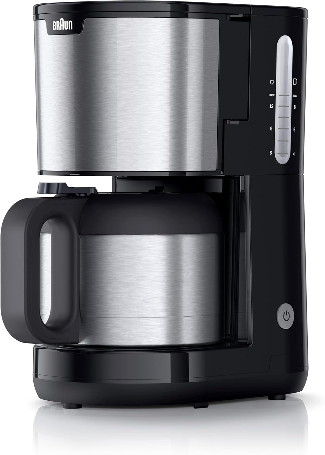 Braun PurShine KF1505 BK Filterkaffeemaschine, 1,2L Edelstahl-Thermokanne für bis zu 9 Tassen, OptiBrew-System, Tropf-Stopp-Funktion, schwenkbarer Filterkorb, Automatische Abschaltung, 1000W, Schwarz