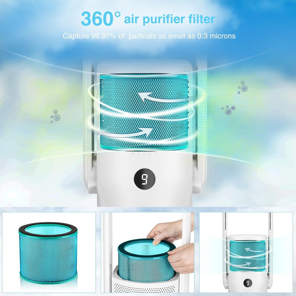 Ventilatore senza pale con purificatore d'aria, ventilatore a torre silenzioso Ultty con telecomando, touch, timer 8H, filtro HEPA 99,97%, ventilatore senza pale oscillante a 90° e alto 80 cm per camera da letto e casa, CR022 Bianco