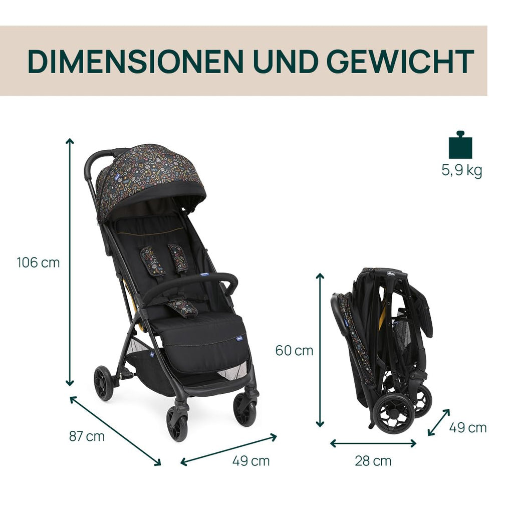 Chicco, Glee, Kinderwagen ab 0 Monate bis 4 Jahre, mit Automatik- und Kompaktverschluss, Ausziehbares Verdeck mit Lichtschutzfaktor 50+ und Regenschutz, 3-stufig verstellbare Rückenlehne, Beinauflage