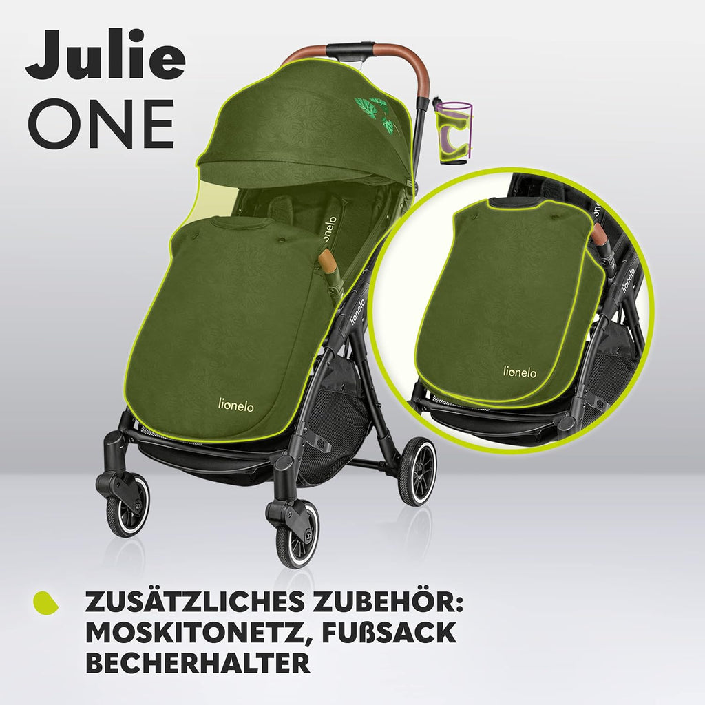 LIONELO Julie One Passeggino da 0 a 22 kg, schienale e poggiagambe regolabili, zanzariera, coprigambe, portabicchieri e borsa da trasporto, pieghevole