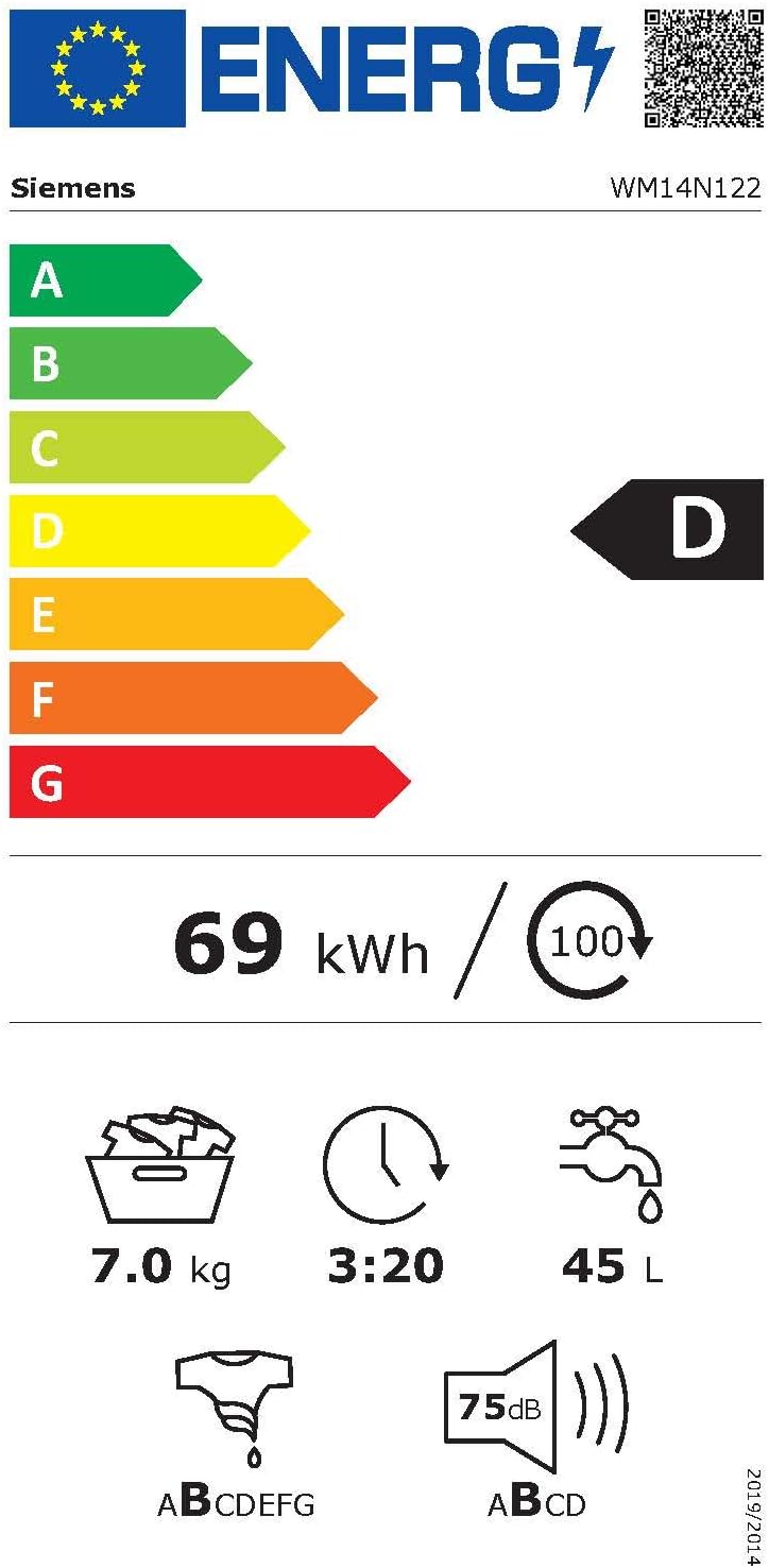 Siemens WM14N122 iQ300 Lavatrice / 7kg / D / 1400 giri/min / Programma Outdoor / Funzione varioSpeed / Funzione aggiungi bucato, Bianco/Nero