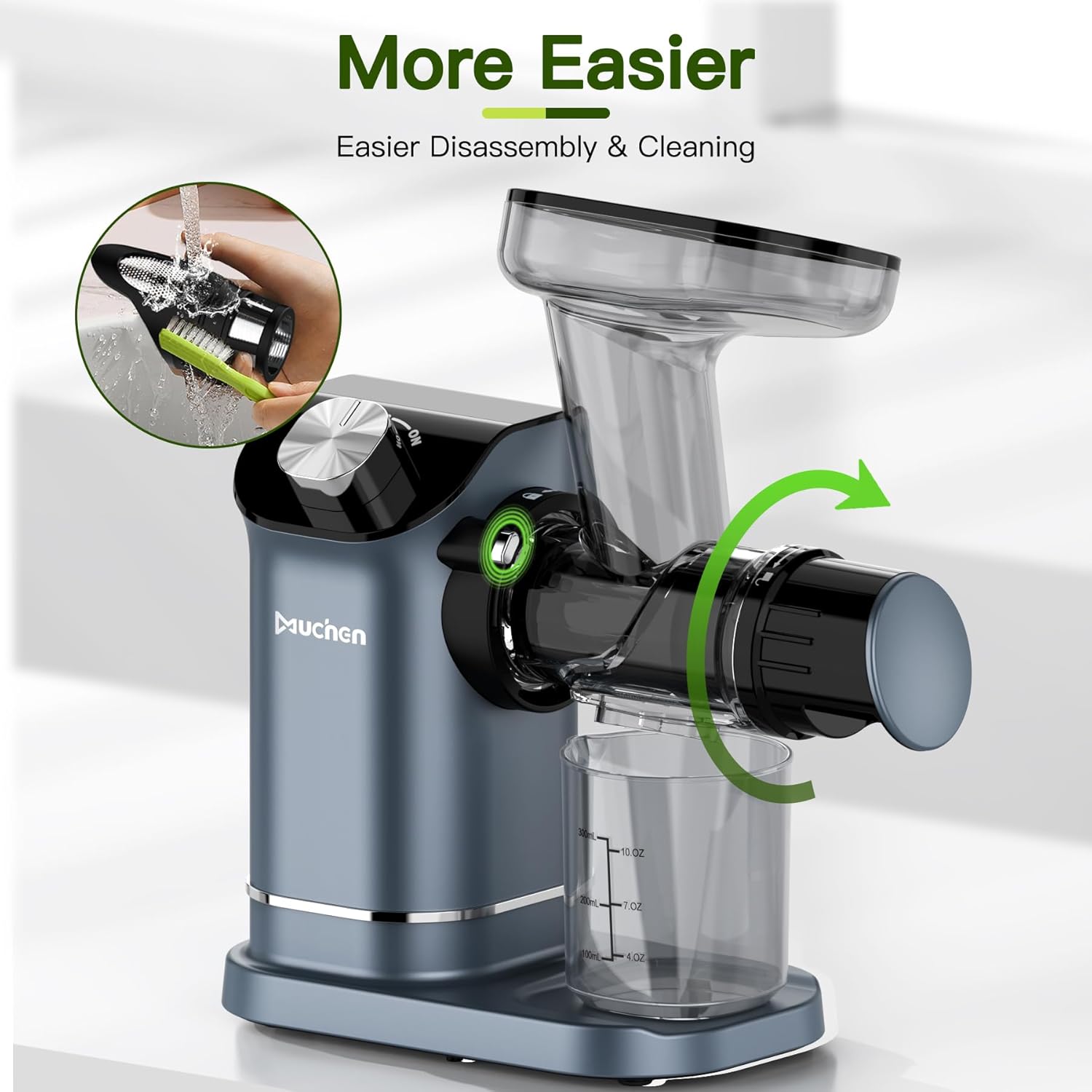 Muchen Slow Juicer Spremiagrumi Estrattore Frutta e Verdura, Vincitore del Test, Motore Silenzioso da 150W, Funzione di Retromarcia, Facile da Pulire, Design in Acciaio Inox Nero e Argento, Inclusivo di Ricettario