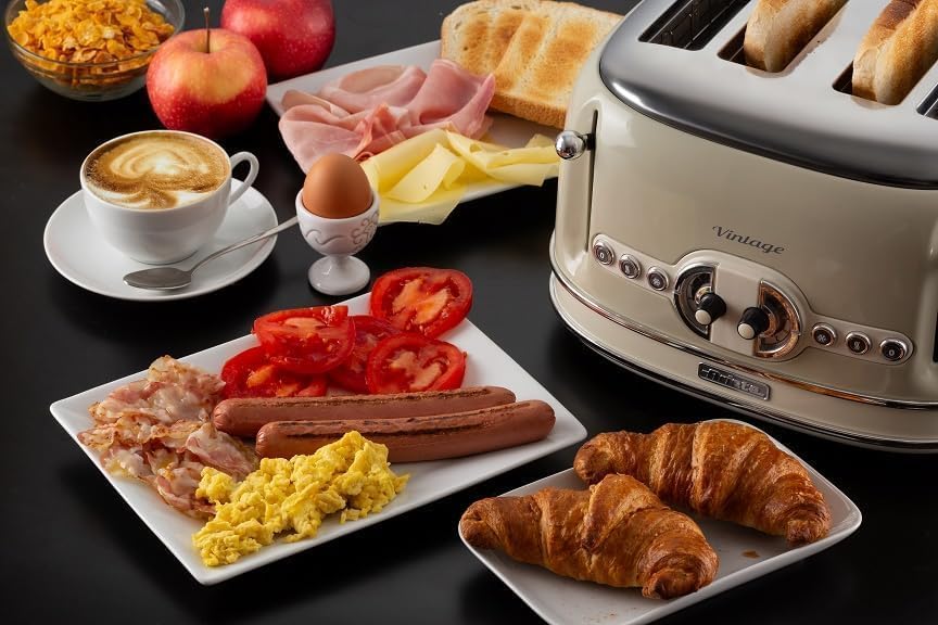 Ariete Vintage 156, 4-Scheiben-Toaster, Retro Toaster mit 6 Toaststufen, Automatischer Auswurf, Auftaufunktion, Herausnehmbares Krümelfach, Gehuse aus Edelstahl, 1600W, Beige