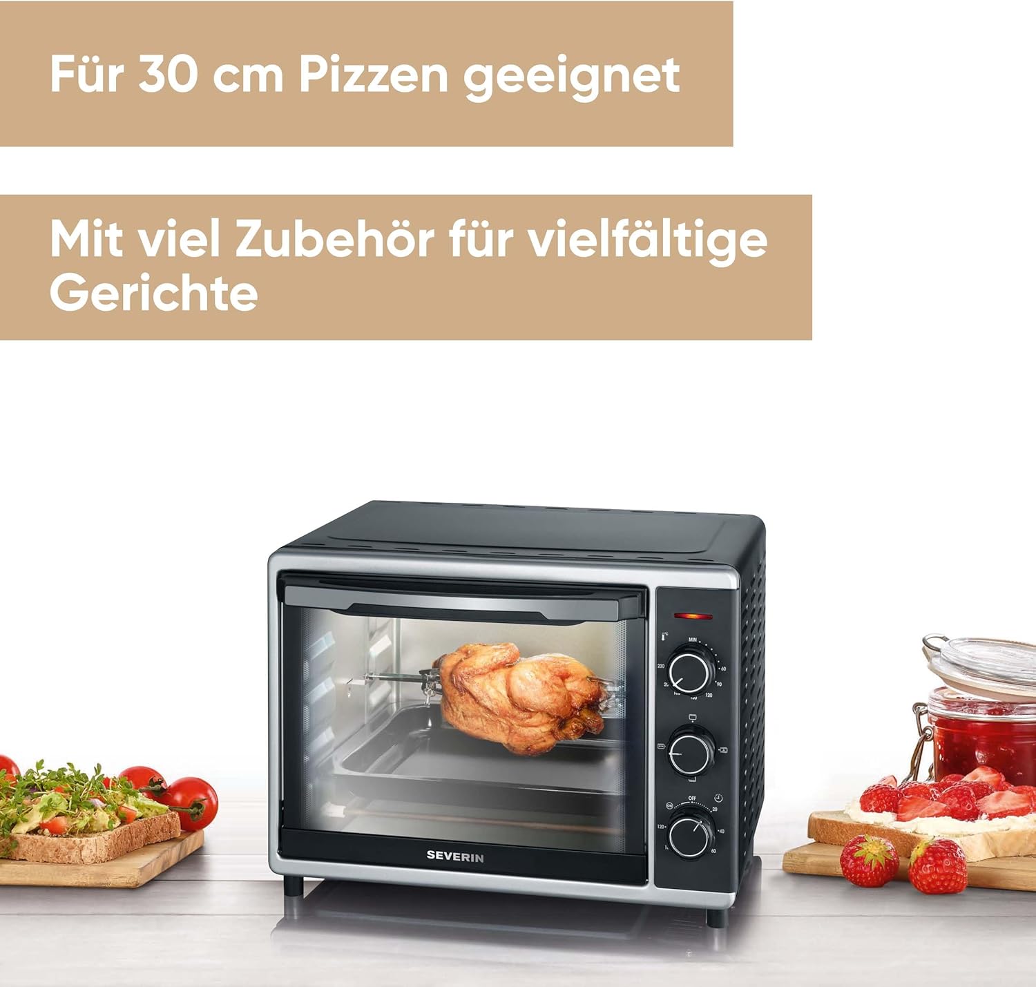 SEVERIN Forno e Tostapane con funzione ventilata, Mini Forno con griglia, teglia da forno, spiedo rotante e pietra per pizza, forno ventilato versatile con capacità di 42 L, 1.800 W, nero, TO 2058
