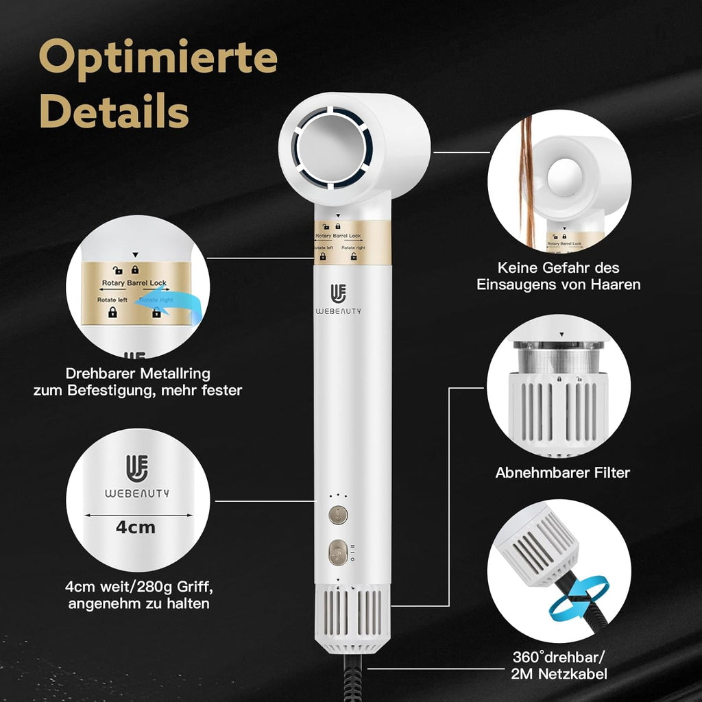 webeauty Asciugacapelli 5 in 1, 110.000 giri/min, 20 m/s, Asciugacapelli brushless ad alta velocità con 200 milioni di ioni negativi con spazzola ad aria calda e arricciacapelli ad aria, Bianco