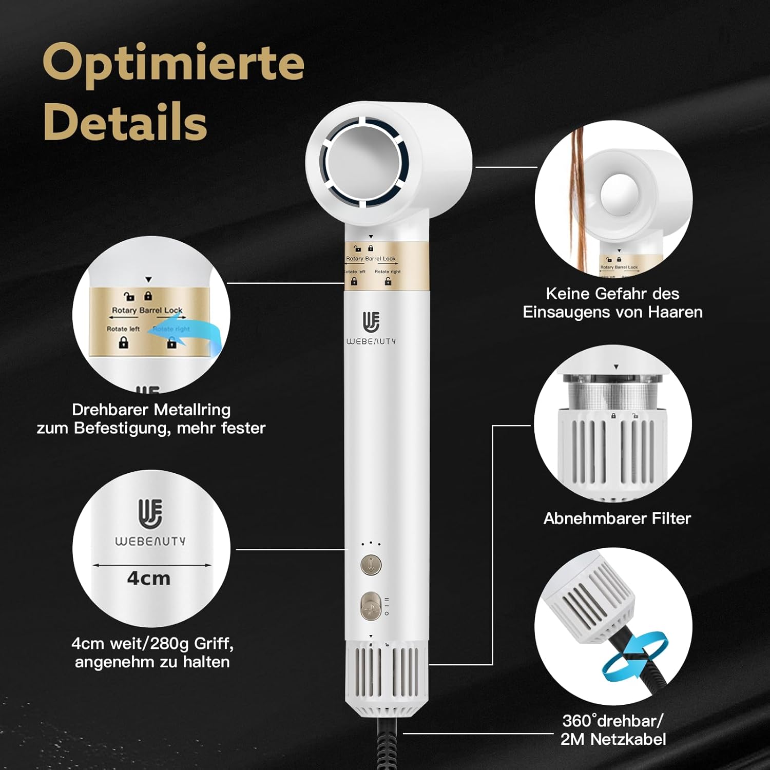 webeauty Asciugacapelli 5 in 1, 110.000 giri/min, 20 m/s, Asciugacapelli brushless ad alta velocità con 200 milioni di ioni negativi con spazzola ad aria calda e arricciacapelli ad aria, Bianco