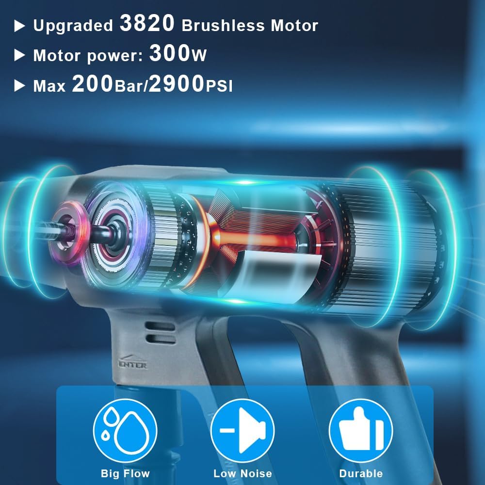 Idropulitrice a Batteria Huhomco con 2 Batterie da 4000 mAh e Caricabatterie, Idropulitrice Portatile ad Alta Pressione da 200 Bar con Motore Brushless, Pistola Idropulitrice Portatile con Ugello 6-in-1, 3 Livelli di Pulizia per Auto