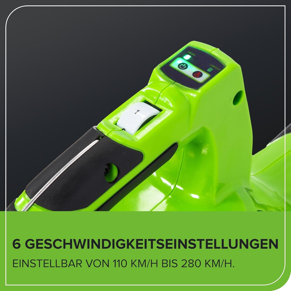 Greenworks 40V Soffiatore Assiale a Batteria con Cruise Control, 177 km/h, 11,05 m³/min, Sacco di Raccolta da 45L, due Batterie da 2Ah e Caricabatterie, 3 Anni di Garanzia GD40BVK2X