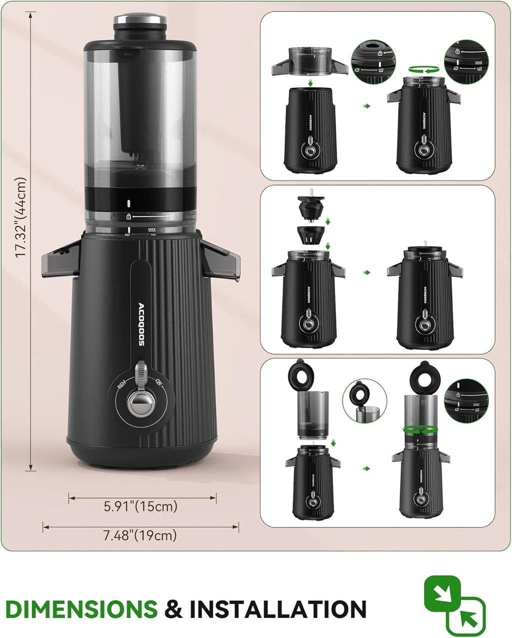 ACOQOOS Spremiagrumi, Spremiagrumi per Frutta e Verdura con imboccatura da 110 mm, Spremiagrumi a Bassa Velocità Facile da Pulire con 2 Tazze Nero