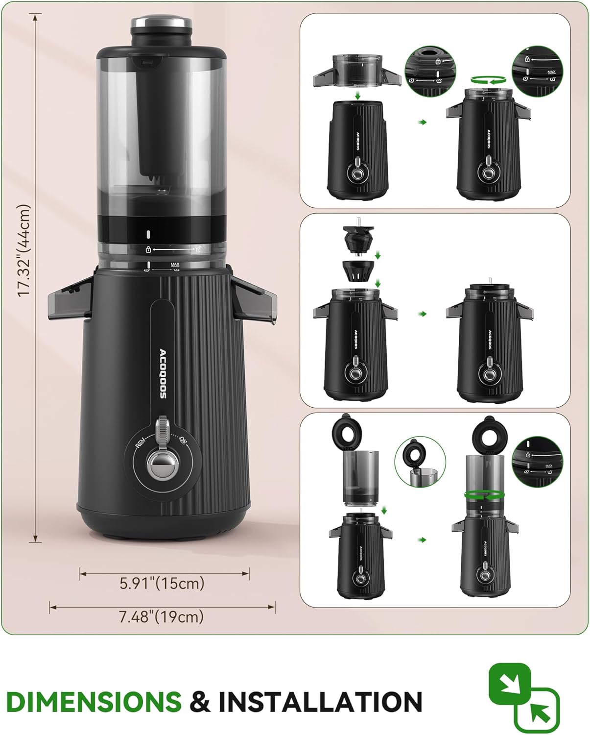 ACOQOOS Spremiagrumi, Spremiagrumi per Frutta e Verdura con imboccatura da 110 mm, Spremiagrumi a Bassa Velocità Facile da Pulire con 2 Tazze Nero