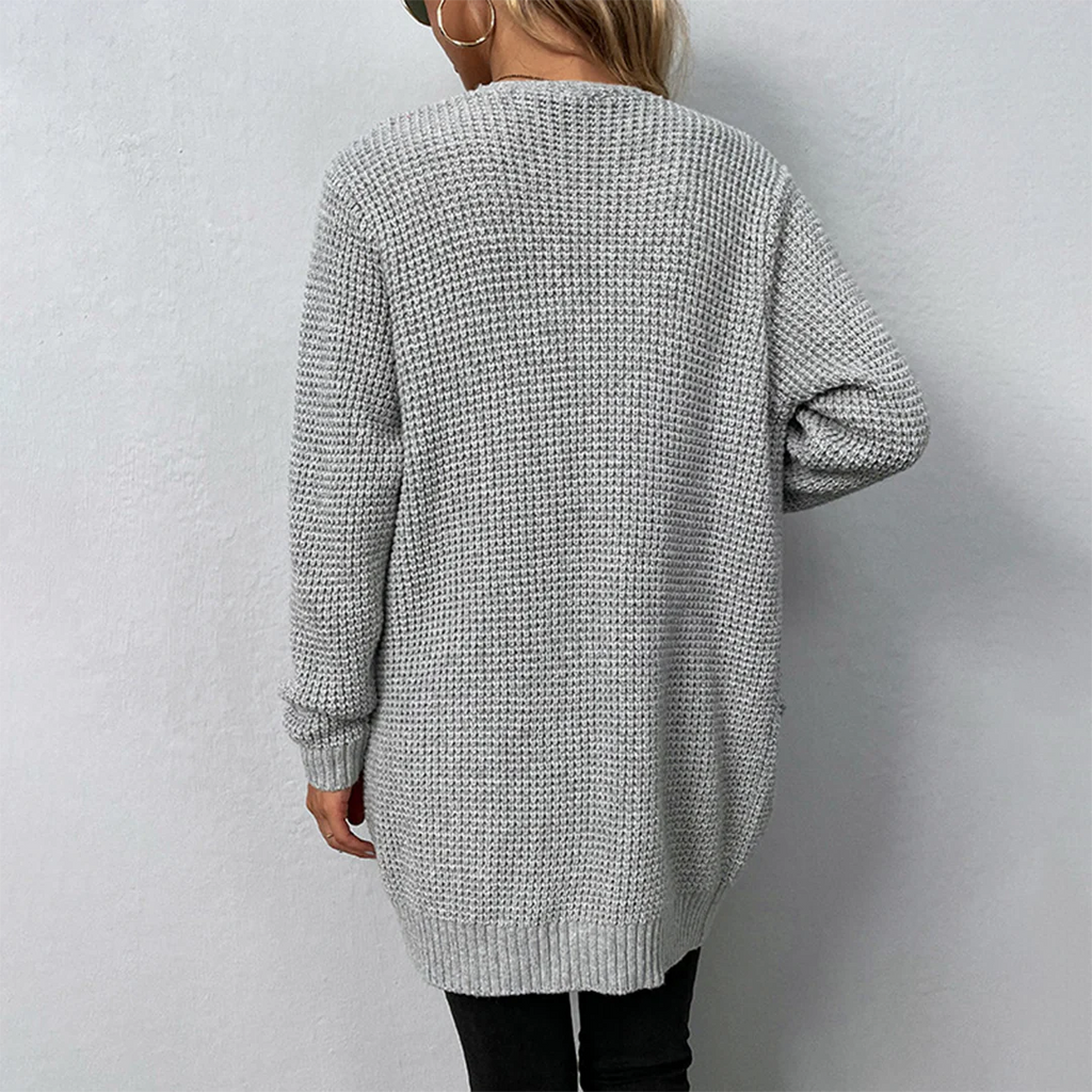 Lange Damen-Fleecejacke mit V-Ausschnitt und Taschen
