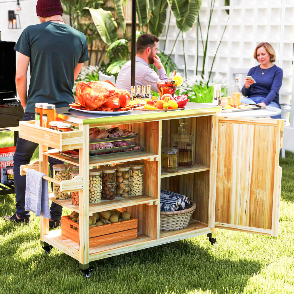 Outsunny Isola Barbecue da Esterno con Ruote in Legno Massello