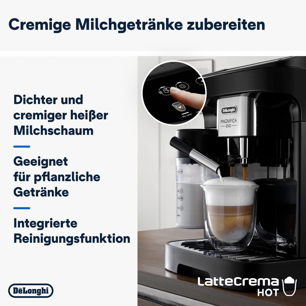 De'Longhi Magnifica Evo ECAM292.81.SB, macchina da caffè automatica con sistema latte, 7 tasti per selezione diretta di cappuccino, espresso e altre specialità di caffè, pannello di controllo, funzione 2 tazze, argento/nero