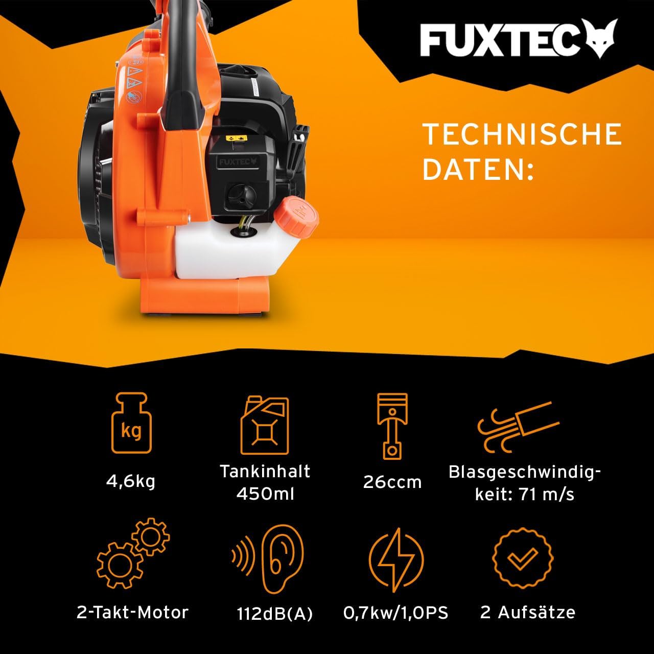 FUXTEC Benzin Laubsauger 4in1 FX-LBS126 2-Takt Laubbläser & Laubhäcksler inkl. 2Blasrohre & 45l Fangsack – getestet Oberklasse 1,4 – Blasgeschwindigkeit 71 m/s