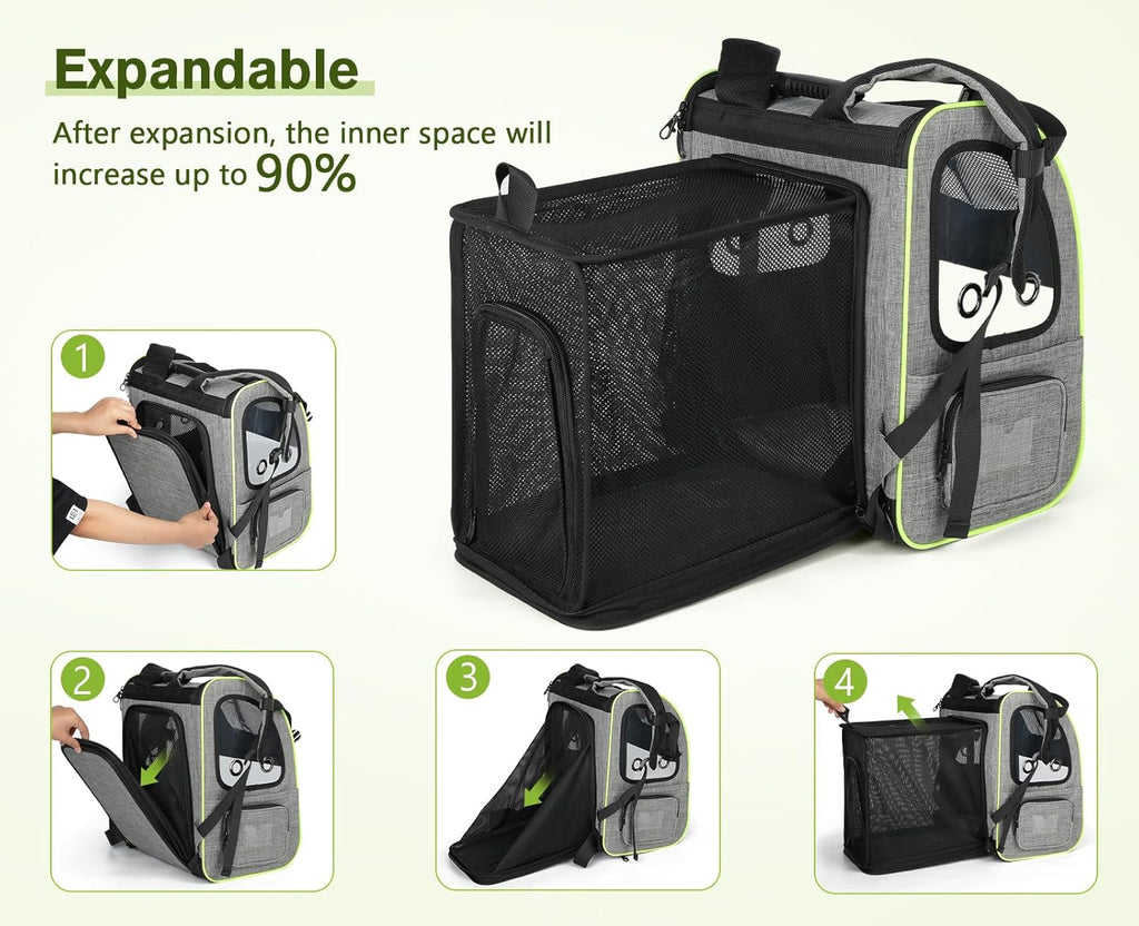 pecute Haustier Rucksack mit Netzfenster, Tragbare und Faltbare Katzentasche, Atmungsaktive und Leichte Hundetasche, Wasserdichtes Oxford-Tuch mit Viel Platz, Multifunktionales Rutschfestes Grau XL