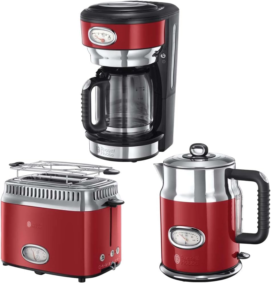 Russell Hobbs Tostapane [a 2 Fette] Retro Acciaio Inossidabile Rosso (Display Countdown in design retrò, incluso accessorio per panini, 6 livelli di doratura + funzione scongelamento e riscaldamento, 1300W) Vintage 21680-56