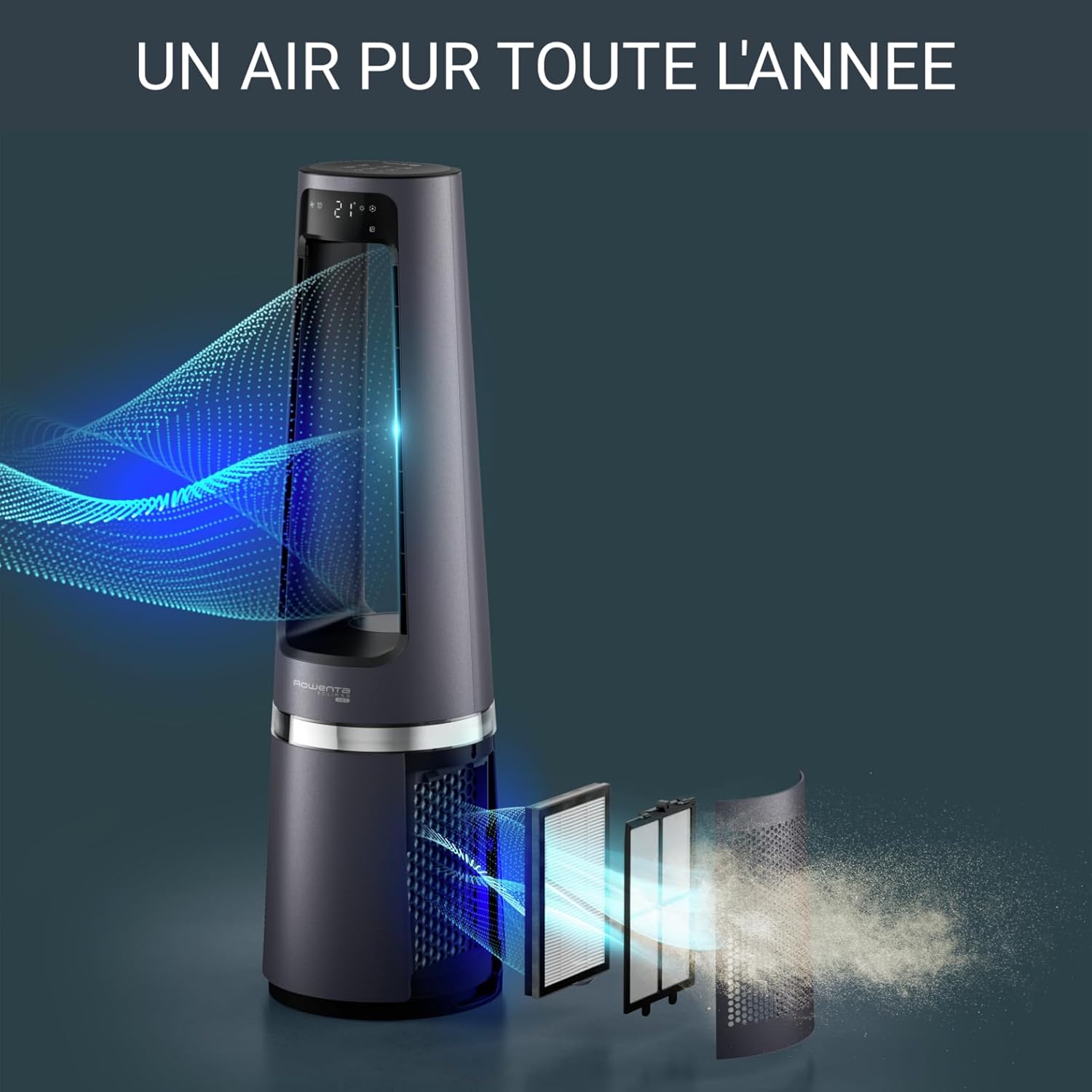 Rowenta QU5062 Eclipse Purificatore d'aria 3in1 | Termoventilatore | Ventilatore | filtra il 99,9% delle particelle | per ambienti fino a 30 m2 | riscaldamento rapido fino a 35°C | modalità automatica giorno/notte | Nero/Grigio