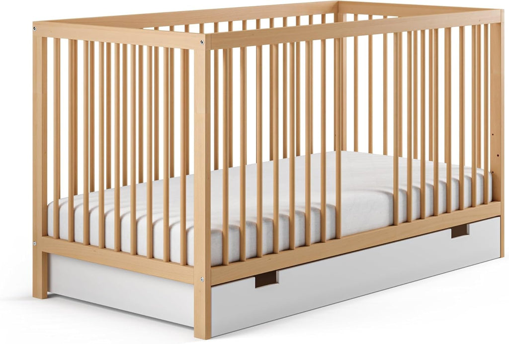 Kids Collective Lettino per neonati 60x120 regolabile in altezza e sponde rimovibili, opzionale con cassetto e materasso | Legno di faggio bianco molto stabile Prodotto in Europa