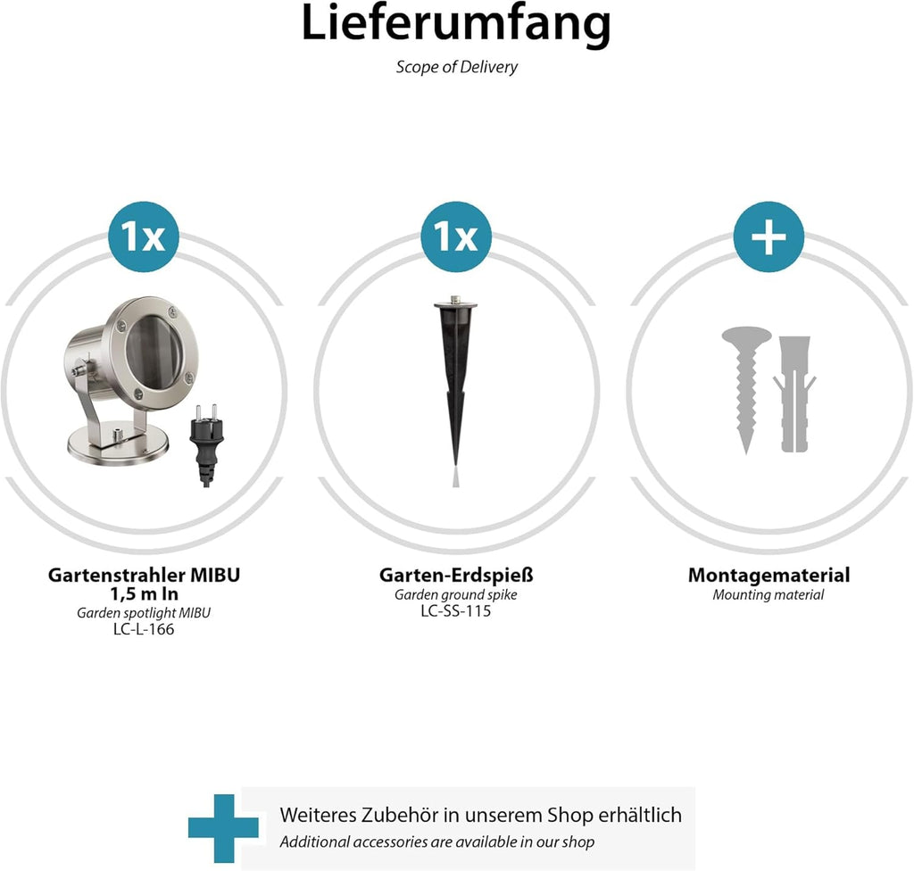 ledscom.de 4 Fari da giardino a LED MIBU con picchetto, da esterno, acciaio inox, senza lampadina