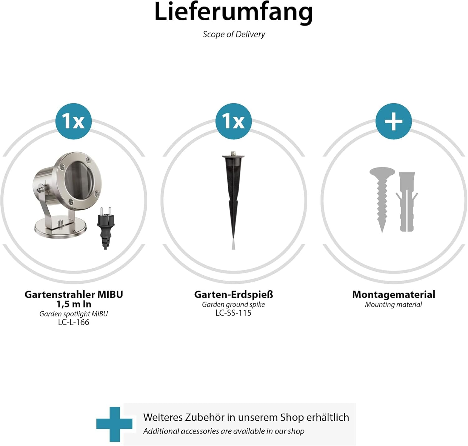 ledscom.de 4 Fari da giardino a LED MIBU con picchetto, da esterno, acciaio inox, senza lampadina