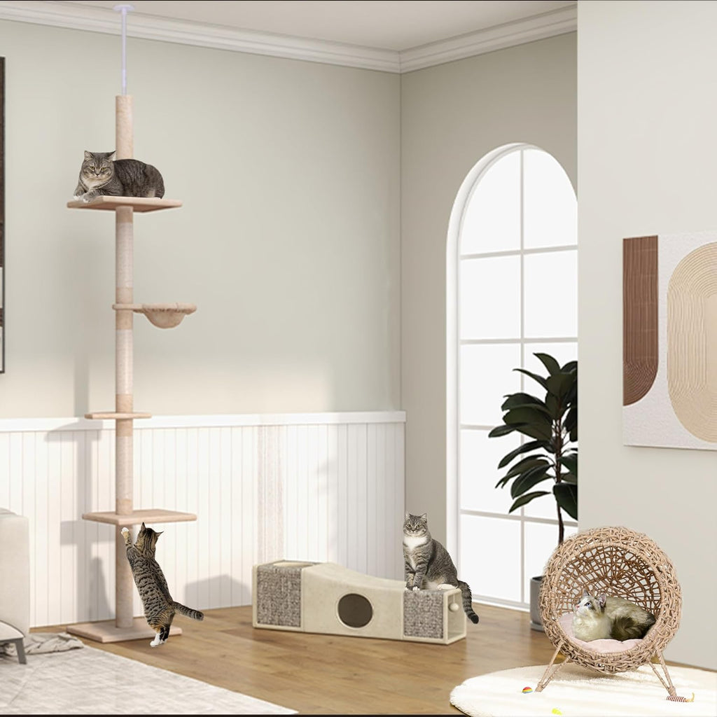 PawHut Katzenbaum mit Laufrad 4-Stock Kratzbaum Katzenhaus mit Sisalsäulen Katzenhöhle Kiefernholz Natur 80 x 50 x 143 cm