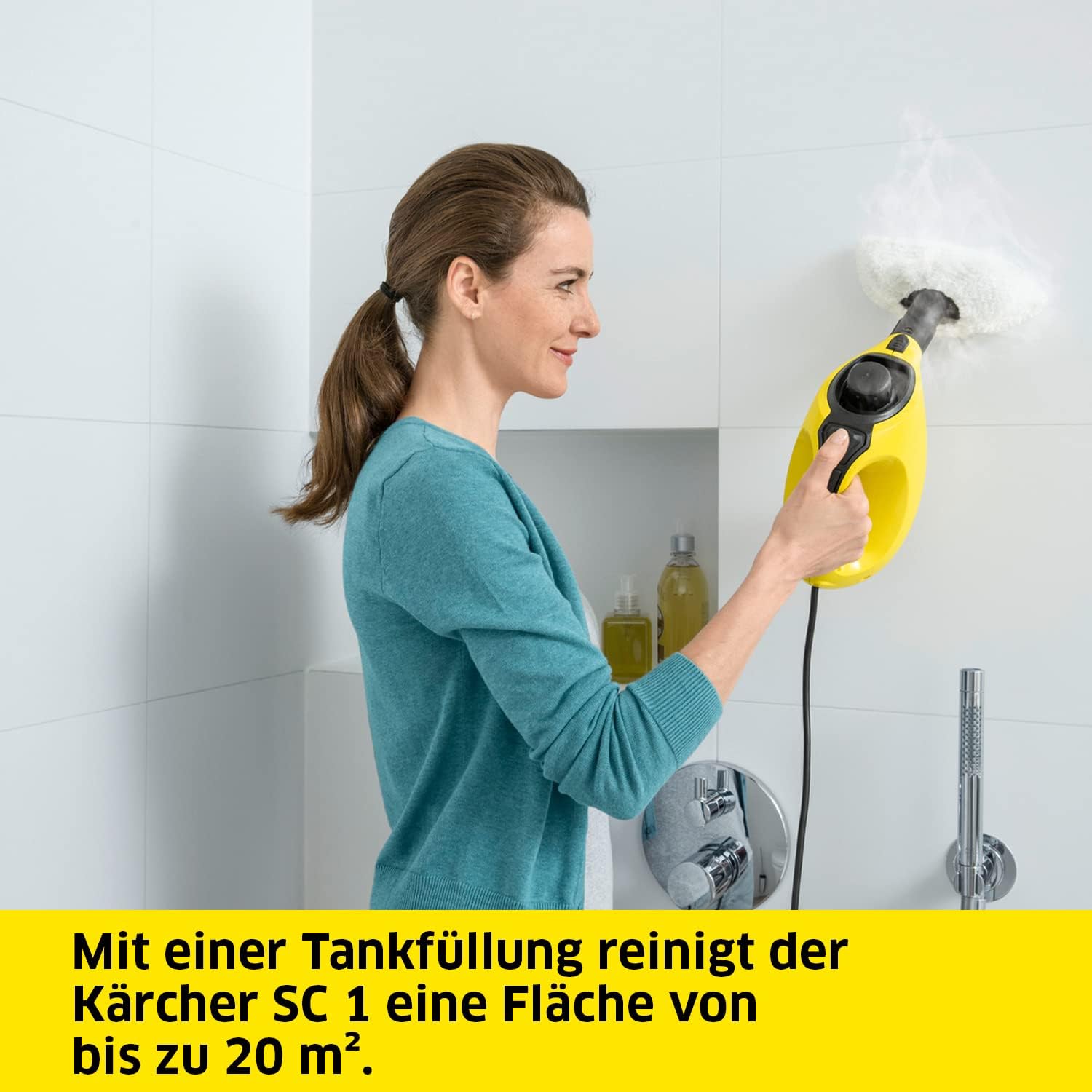 Pulitore a vapore Kärcher SC 1, pressione vapore: 3 bar, tempo di riscaldamento: 3 min., potenza: 1.200 W, resa per superficie: 20 m, serbatoio: 200 ml, con bocchetta manuale, a getto puntiforme e Power, panno in microfibra e spazzola rotonda