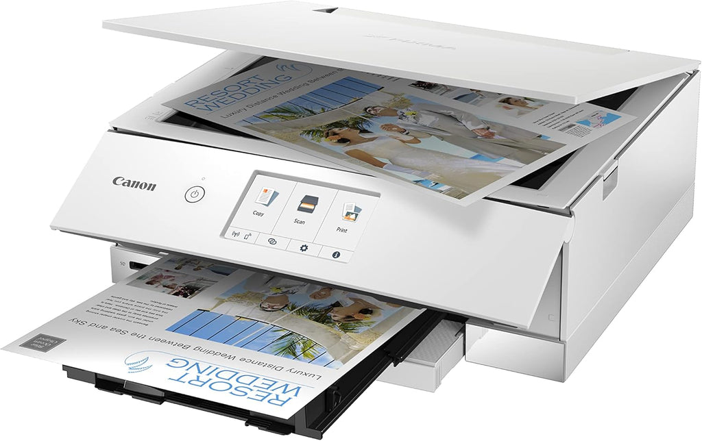 Canon PIXMA TS8351a Stampante multifunzione a getto d'inchiostro a colori DIN A4 (scanner, fotocopiatrice, 4.800 x 1.200 dpi, 6 inchiostri separati, USB, WLAN, AirPrint, stampa fronte/retro, 2 alimentatori carta, 5 GHz), bianco