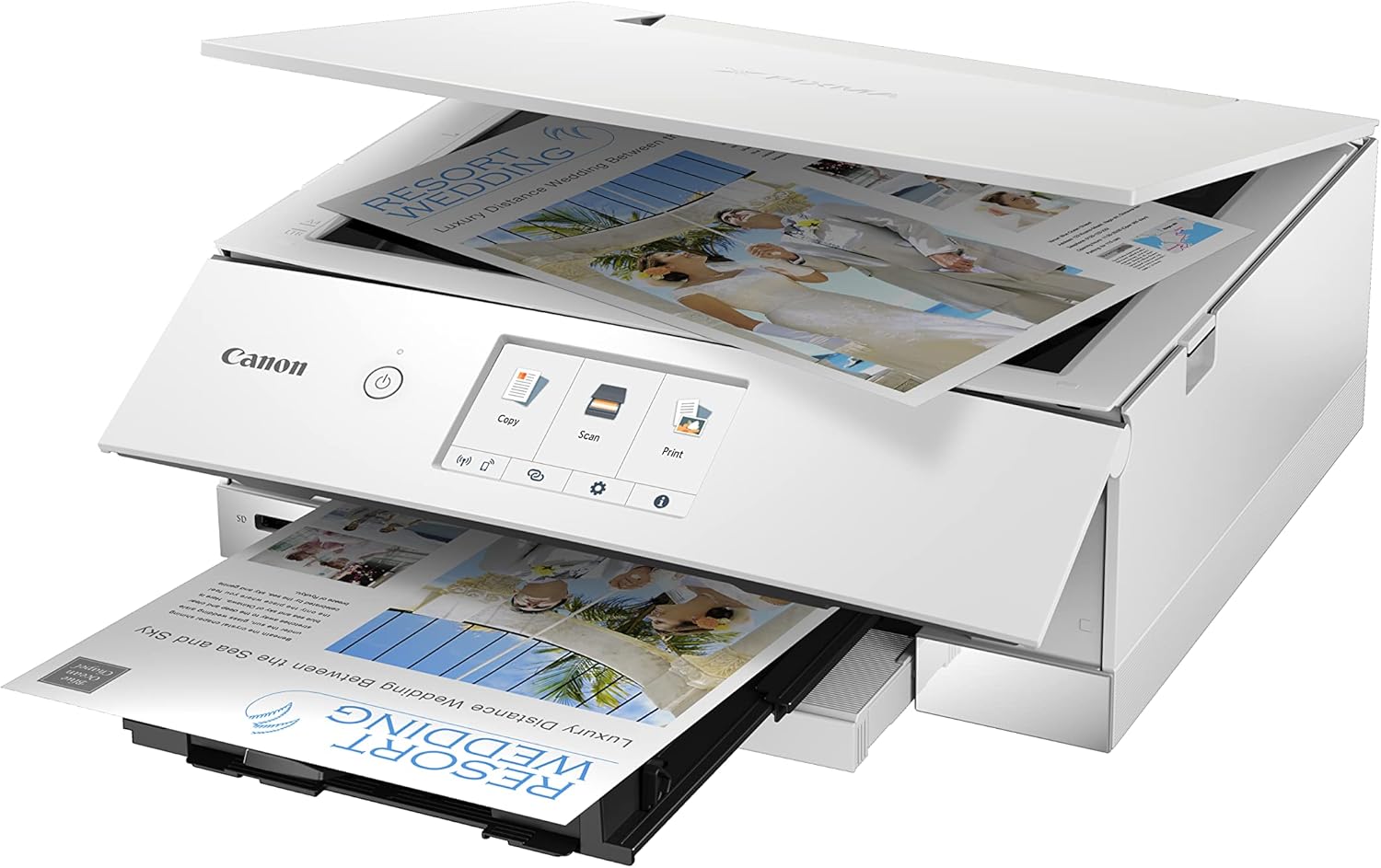 Canon PIXMA TS8351a Stampante multifunzione a getto d'inchiostro a colori DIN A4 (scanner, fotocopiatrice, 4.800 x 1.200 dpi, 6 inchiostri separati, USB, WLAN, AirPrint, stampa fronte/retro, 2 alimentatori carta, 5 GHz), bianco