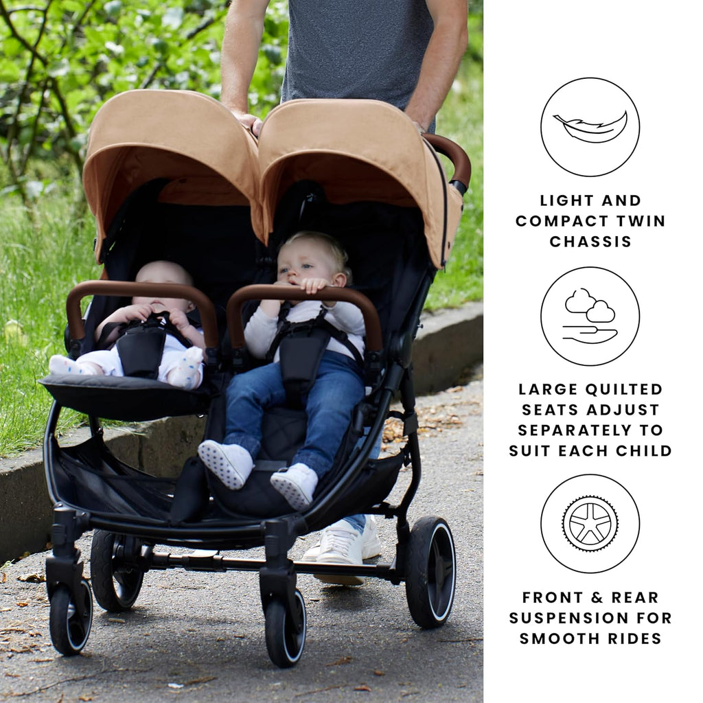 Passeggino gemellare Venus Max - adatto dalla nascita fino a 15 kg (circa 3 anni), passeggino compatto, leggero, pieghevole, inclusi parapioggia e coprigambe (Biscotto)