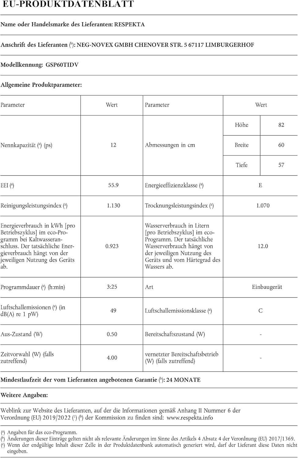 Respekta Geschirrspüler teilintegriert 60 cm/Einbau-Spülmaschine mit flexiblen Besteckkorb / 6 Programme/Startzeitvorwahl / 12 Maßgedecke / GSP60TIDV / besonders leise 49 dB