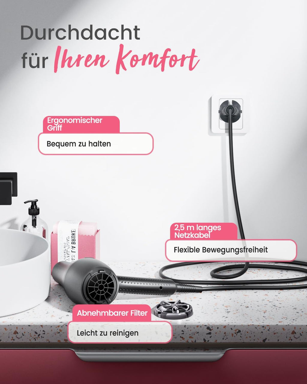 Dekuri Föhn Ionen, Profi Fön Haartrockner Hair Dryer Haarföhn mit 1 Diffusor 2 Stylingdüse, 3 Heiz und 2 Geschwindigkeitsstufen, 2,5 Meter langes Netzkabel, Starker Fön für Familie (Schwarz)
