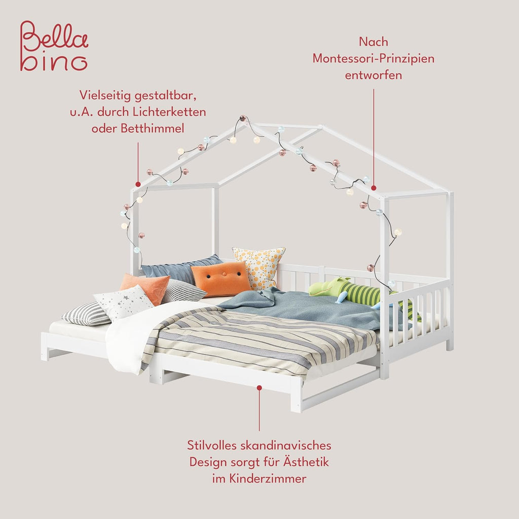 Bellabino Lettino per bambini Bia 140x200 cm, letto a capanna per bambini con protezione anticaduta e rete a doghe arrotolabile, letto a terra Montessori bianco in legno massello di pino