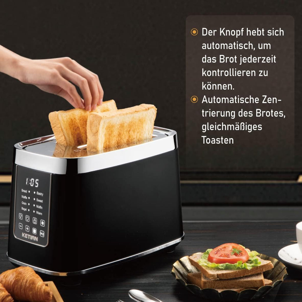 Toaster 2 Scheiben, KETIAN 2 Toast Schlitze mit Brötchenaufsatz, hochwertiger Edelstahl-Toaster, 7 Stufen, Auftaufunktion, Abschaltautomatik, 1400 W