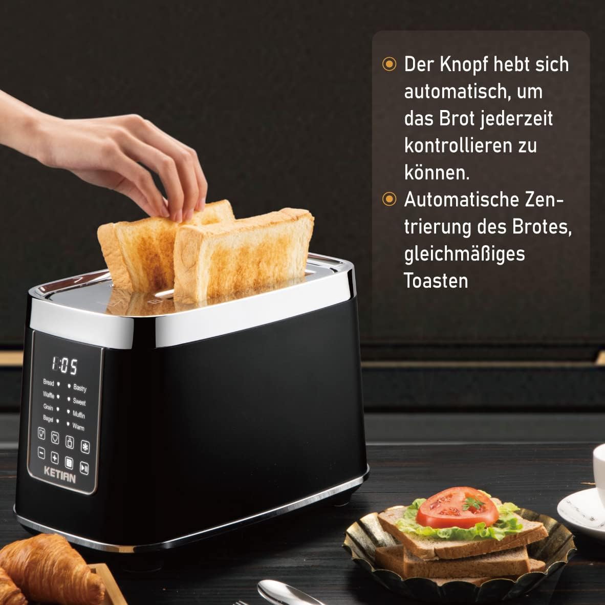 Toaster 2 Scheiben, KETIAN 2 Toast Schlitze mit Brötchenaufsatz, hochwertiger Edelstahl-Toaster, 7 Stufen, Auftaufunktion, Abschaltautomatik, 1400 W