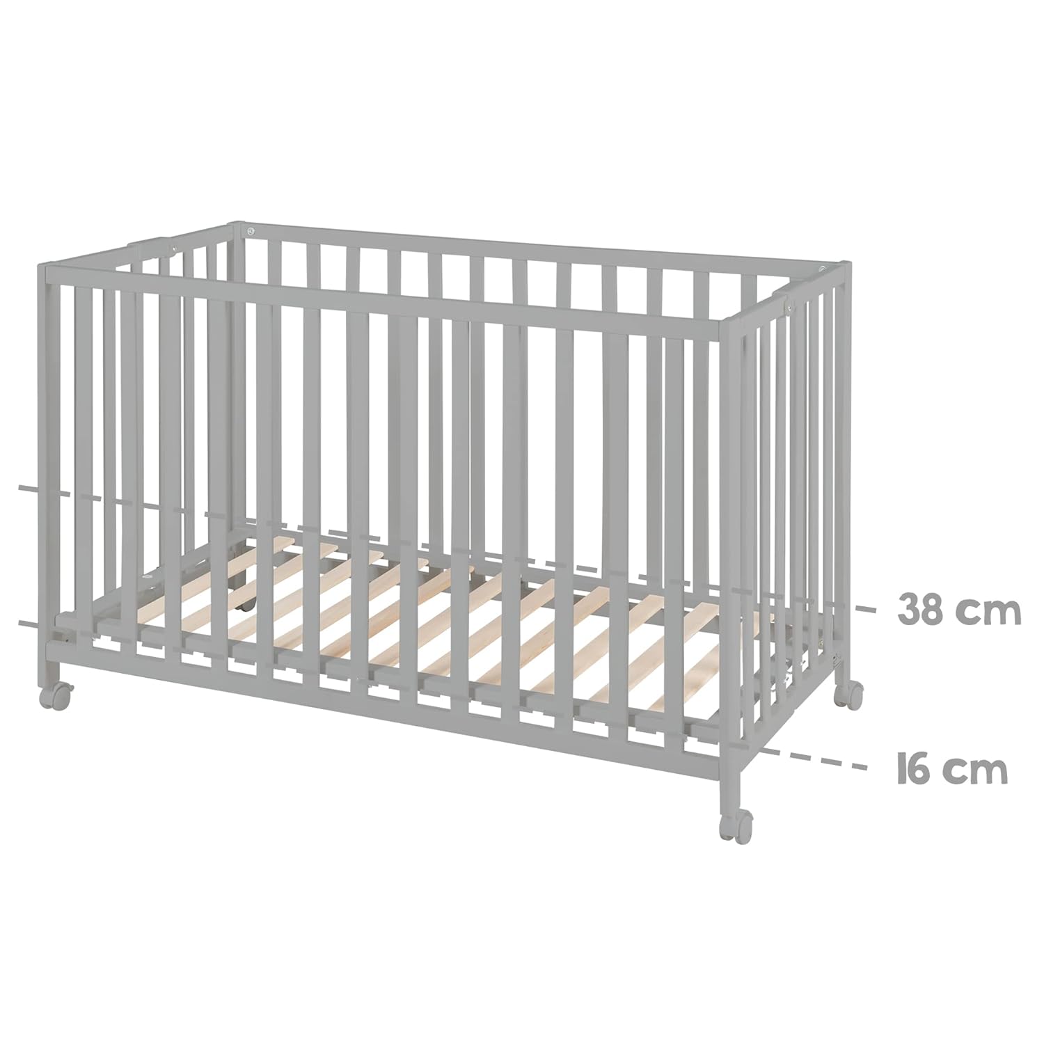 roba Klappbett Fold Up 60 x 120 - Klappbares Babybett aus Holz - 2-fach höhenverstellbar - Platzsparendes Gitterbett auf Rollen - Weiß
