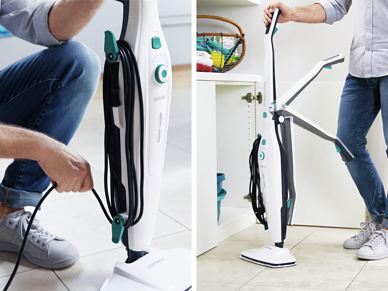 Leifheit Pulitore a vapore CleanTenso Power 2.0 con vapore caldo contro i batteri, Mop a vapore con tempi di riscaldamento brevi e 50 minuti di autonomia, Scopa a vapore per la pulizia degli angoli, Spazzola a vapore dal design moderno