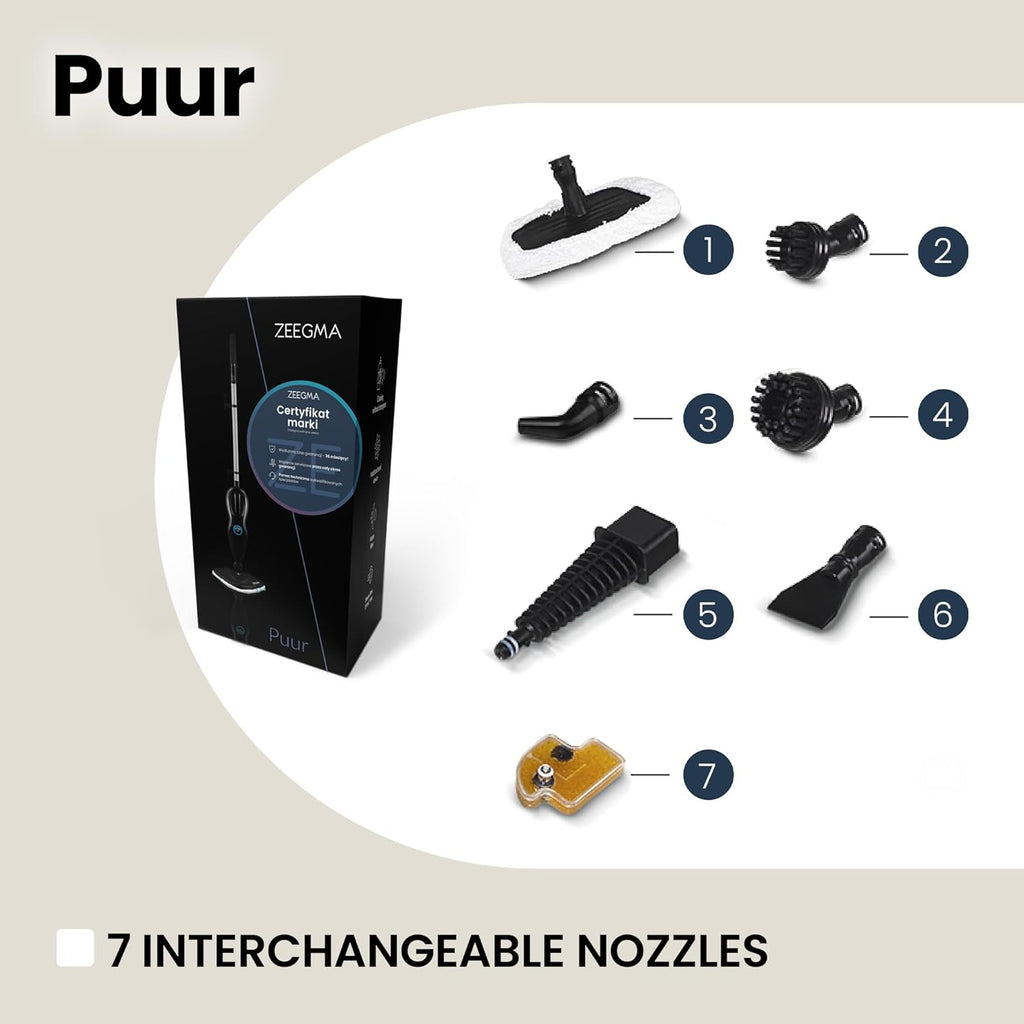 Zeegma PUUR Pulitore a Vapore, Pulizia Senza Prodotti Chimici, Pronto all'Uso in 25 Secondi, 7 Accessori Diversi, 2 Filtri per l'Acqua, Lunghezza Cavo 5m, Potenza 1500 W