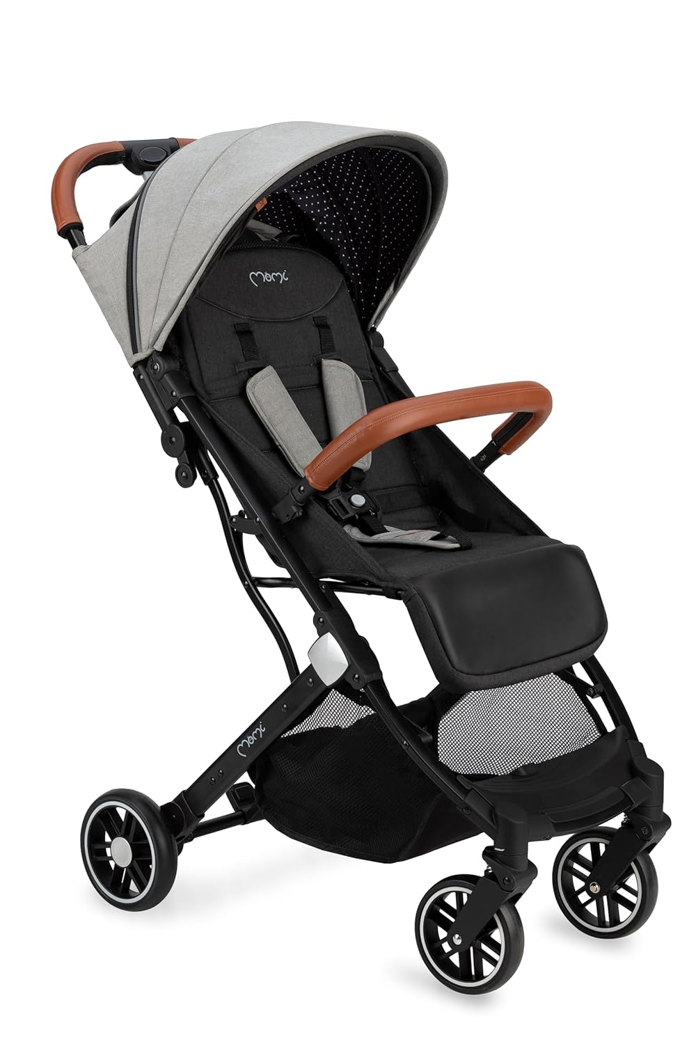MOMI ESTELLE Kinderwagen für Kinder ab 6 Monat bis zu max körpergewicht von 15 kg, klappbar auf die Maße 65 x 51 x 21 cm, gewicht 7,5 kg, 5-Punkt-Sicherheitsgurt, koffer, grau-gold, Räder 6''/6,5''