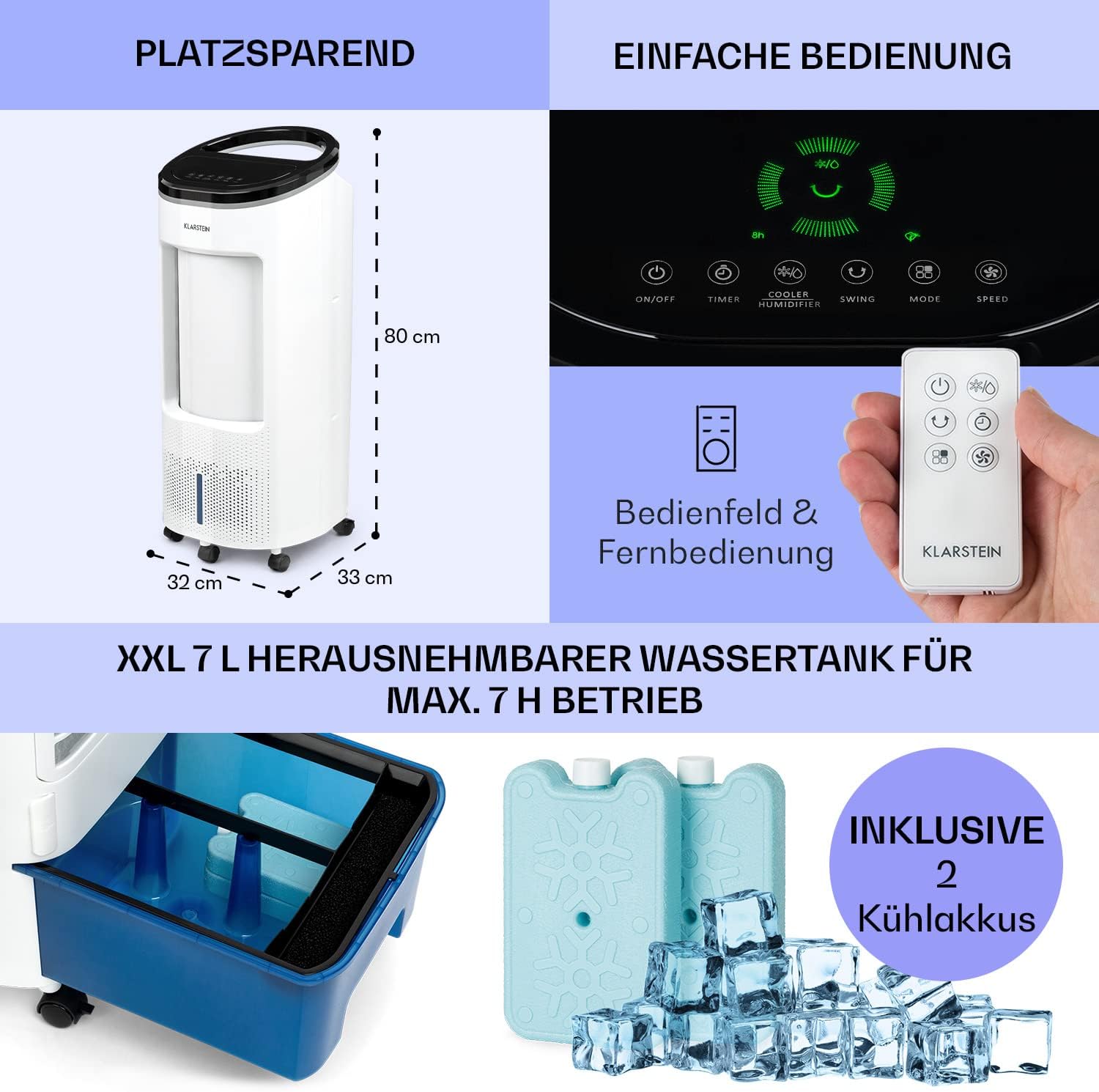 Klarstein Raffreddatore d'aria con Raffreddamento ad acqua, Raffrescatore Evaporativo Silenzioso 4-in-1, Umidificatore, Ventilatore e Modalità Notte, Raffrescatore Evaporativo Portatile 7L, 65W Air Cooler, Flusso d'aria di 330m³/h