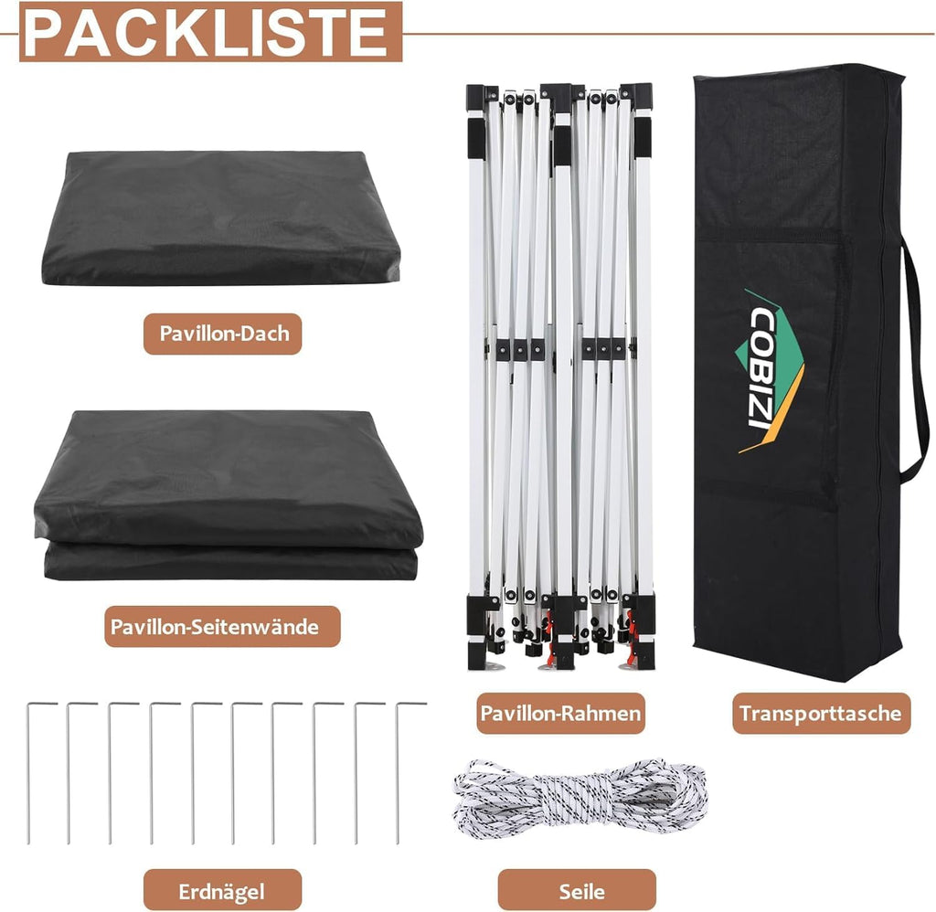 COBIZI Gazebo 3x6 Pieghevole Impermeabile Stabile con 6 Pareti Laterali a Cono Tenda per Feste 3 Altezze Regolabili Protezione UV Borsa per il Trasporto Picchetti, Corde per Giardino, Matrimoni, Mercati, Eventi all'Aperto