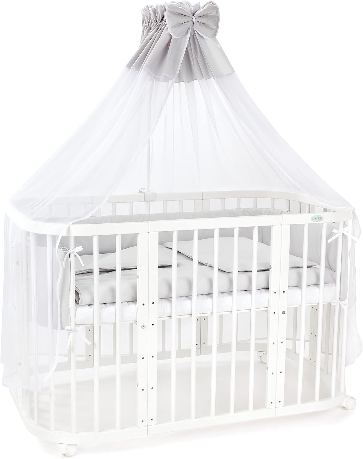 Waldin Lettino per bambini in legno 7in1 con materasso, Letto "Cresci con me", Ventilato, Base regolabile in 5 altezze, Set All-Inclusive, Legno Bianco