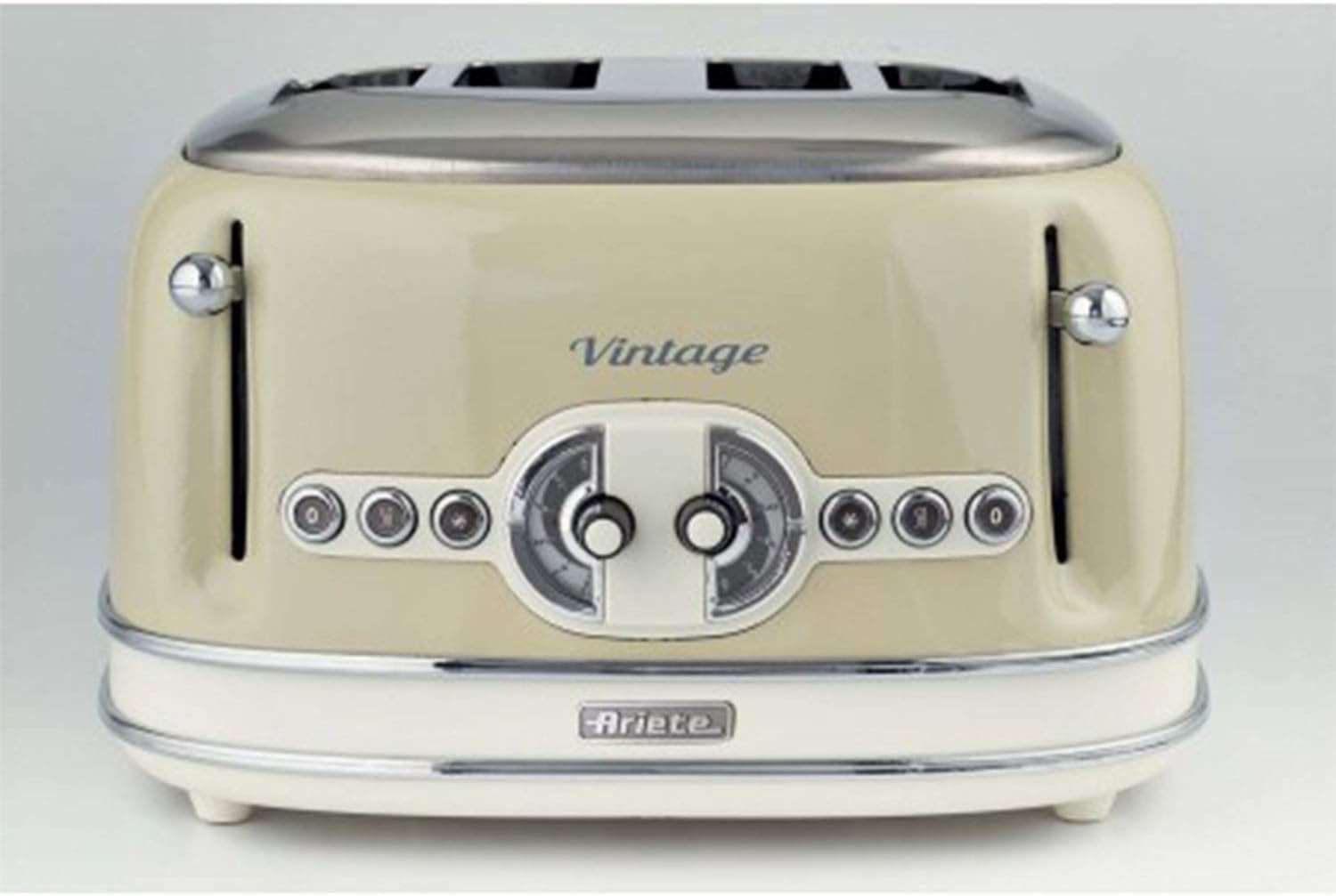 Ariete Vintage 156, 4-Scheiben-Toaster, Retro Toaster mit 6 Toaststufen, Automatischer Auswurf, Auftaufunktion, Herausnehmbares Krümelfach, Gehuse aus Edelstahl, 1600W, Beige
