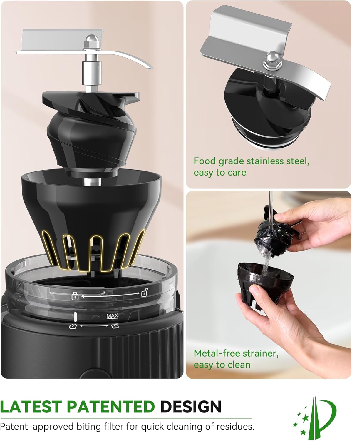 ACOQOOS Spremiagrumi, Spremiagrumi per Frutta e Verdura con imboccatura da 110 mm, Spremiagrumi a Bassa Velocità Facile da Pulire con 2 Tazze Nero