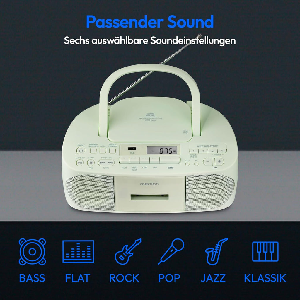MEDION E65010 Radioregistratore stereo (lettore CD, cassetta, porta USB, ingresso audio AUX, riproduzione MP3, radio PLL FM, 40 stazioni memorizzabili, funzionamento a batteria, telecomando) bianco