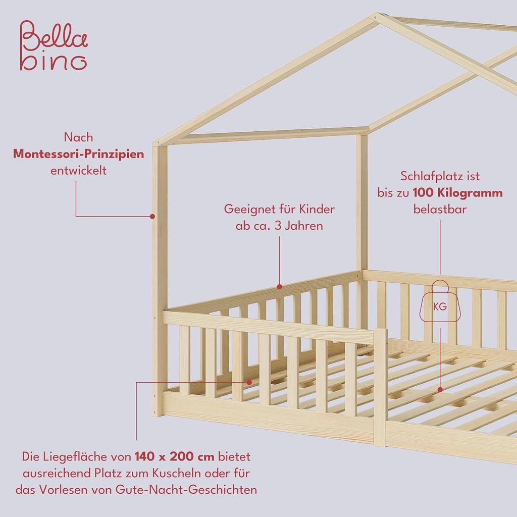 Bellabino Lettino per bambini Bia 140x200 cm, letto a capanna per bambini con protezione anticaduta e rete a doghe arrotolabile, letto a terra Montessori bianco in legno massello di pino
