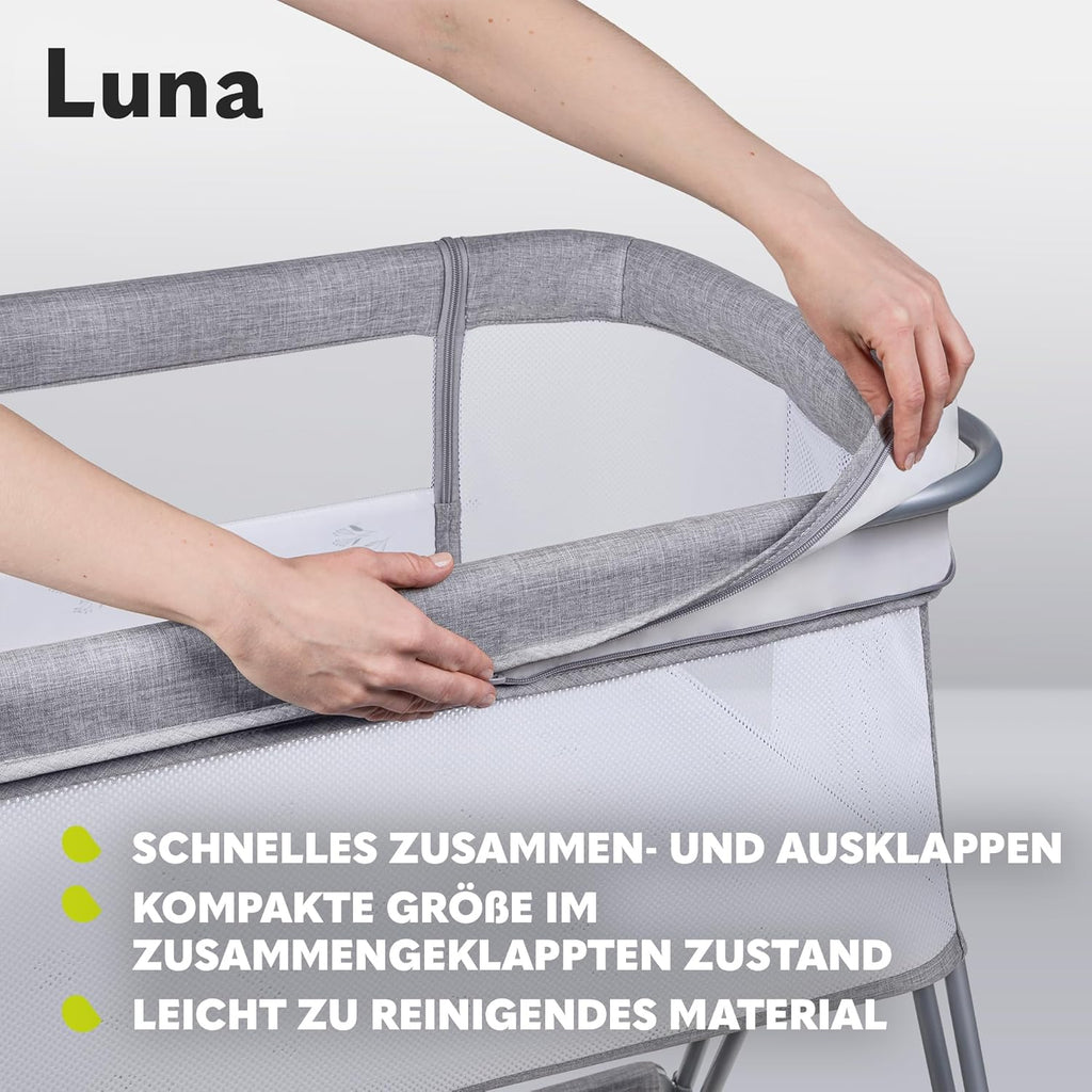 Lionelo Luna EIN tragbares Beistellbett mit Einer Matratze, reisebett, von Neugeboren bis 9 kg, in der Höhe und der Neigung verstellbar, 4 Rädern mit Bremse, Befestigung zum Elternbett (Beige)